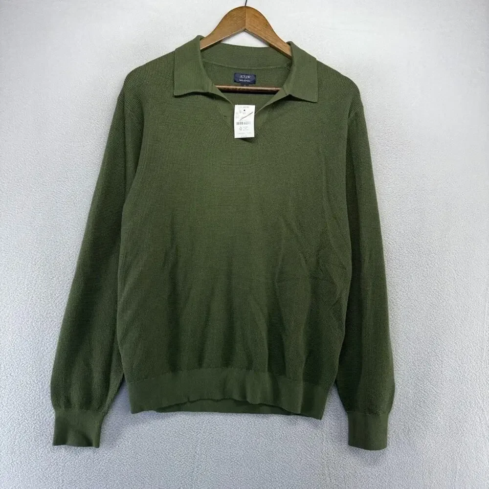 J Crew Polo Shirt Mens Small Green Sweater Thermal Waffle Knit Johnny Collar NEW